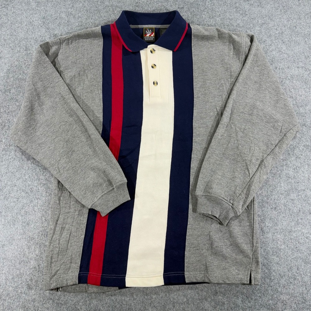 Vintage USA Olympic Brand JCPenney Mens Long Sleeve Polo Shirt Grey Navy Red M
